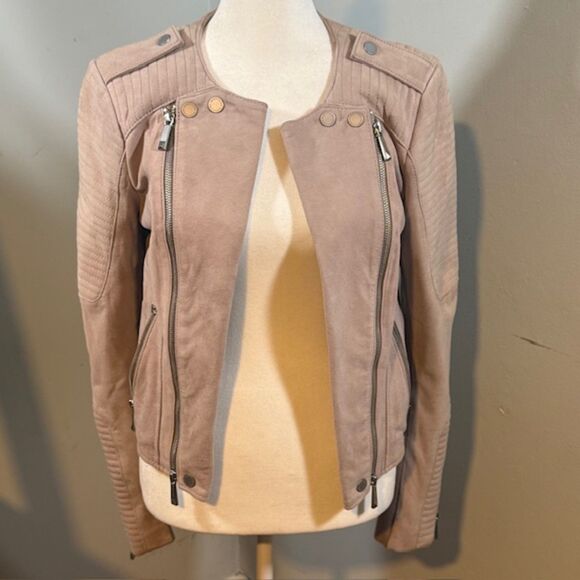 BCBGMaxAzria Jackets & Blazers - BCBG MaxAzria Cropped Goat Leather Moto Jacket Small Taupe Biker Y2K Streetwear